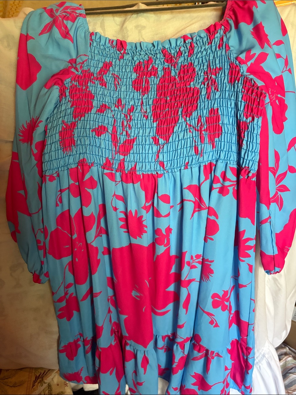 First Love Aqua Dress with Hot Pink Floral Accents 2xl PTP is 17”-20” Elastic